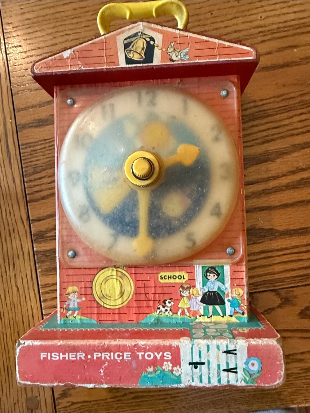Fisher-Price Red and Yellow Schoolhouse Clock Toy with Blue Dial